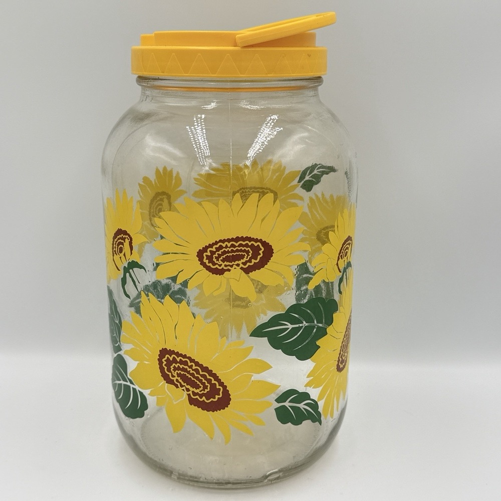 Vintage Sunflower Glass Canister Yellow Pour Spout Lid Floral Kitchen Storage